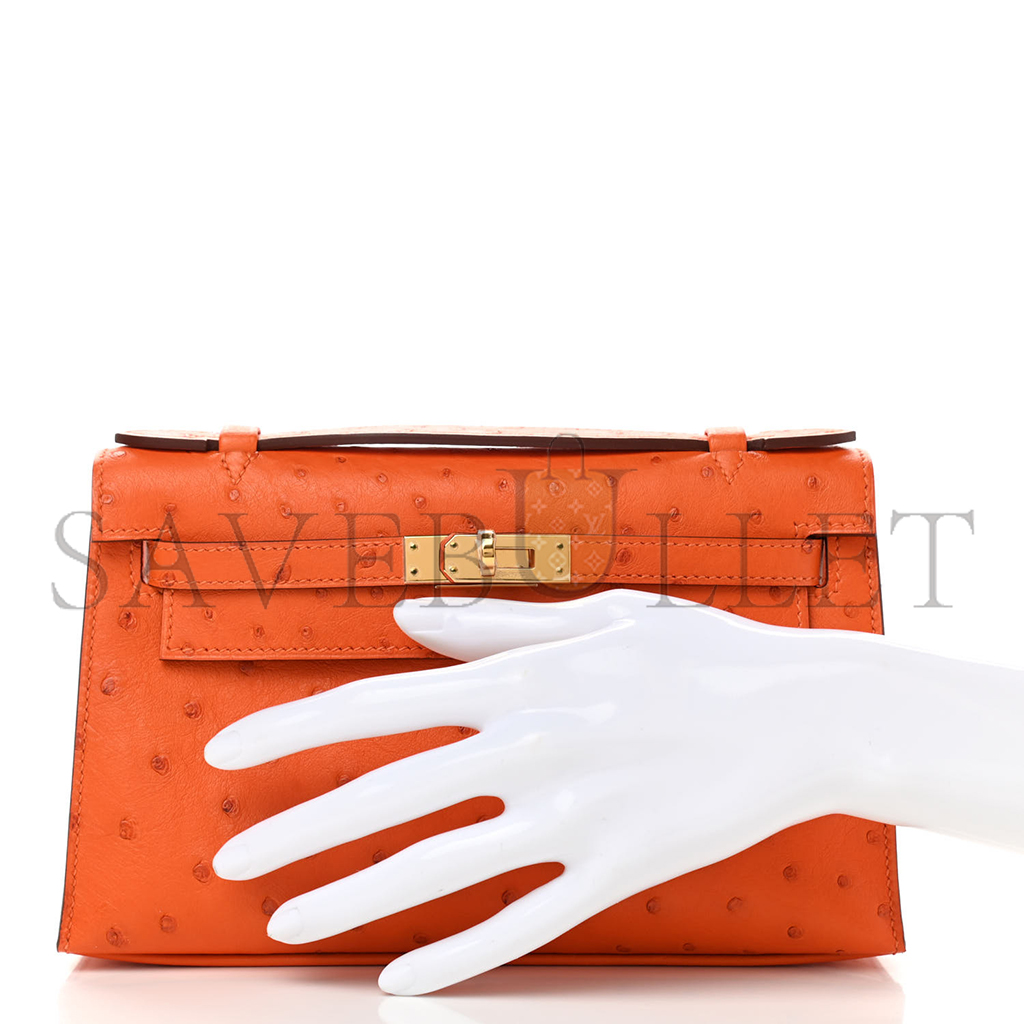 HERMÈS MASTER OSTRICH KELLY POCHETTE TANGERINE (22*14*7cm)